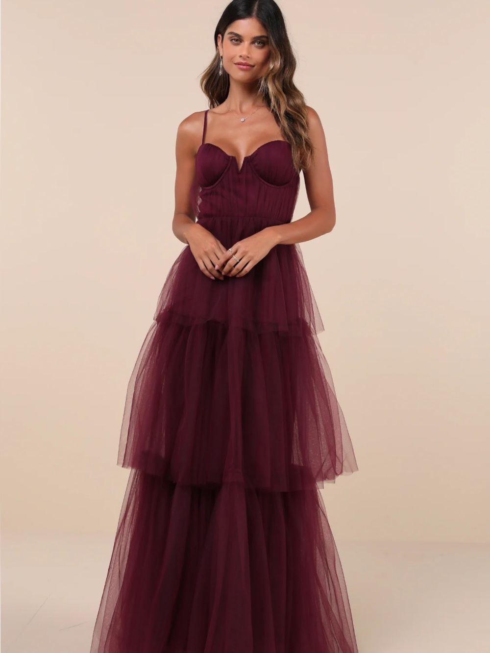 New Lulu's Unforgettable Poise Burgundy Tiered Tulle Maxi Dress Sz XL